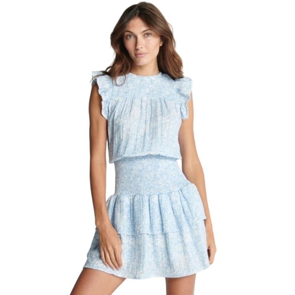 Sundays Anthropologie Smocked Ruffle Mini Dress Blue‎ Sleeveless Size Small